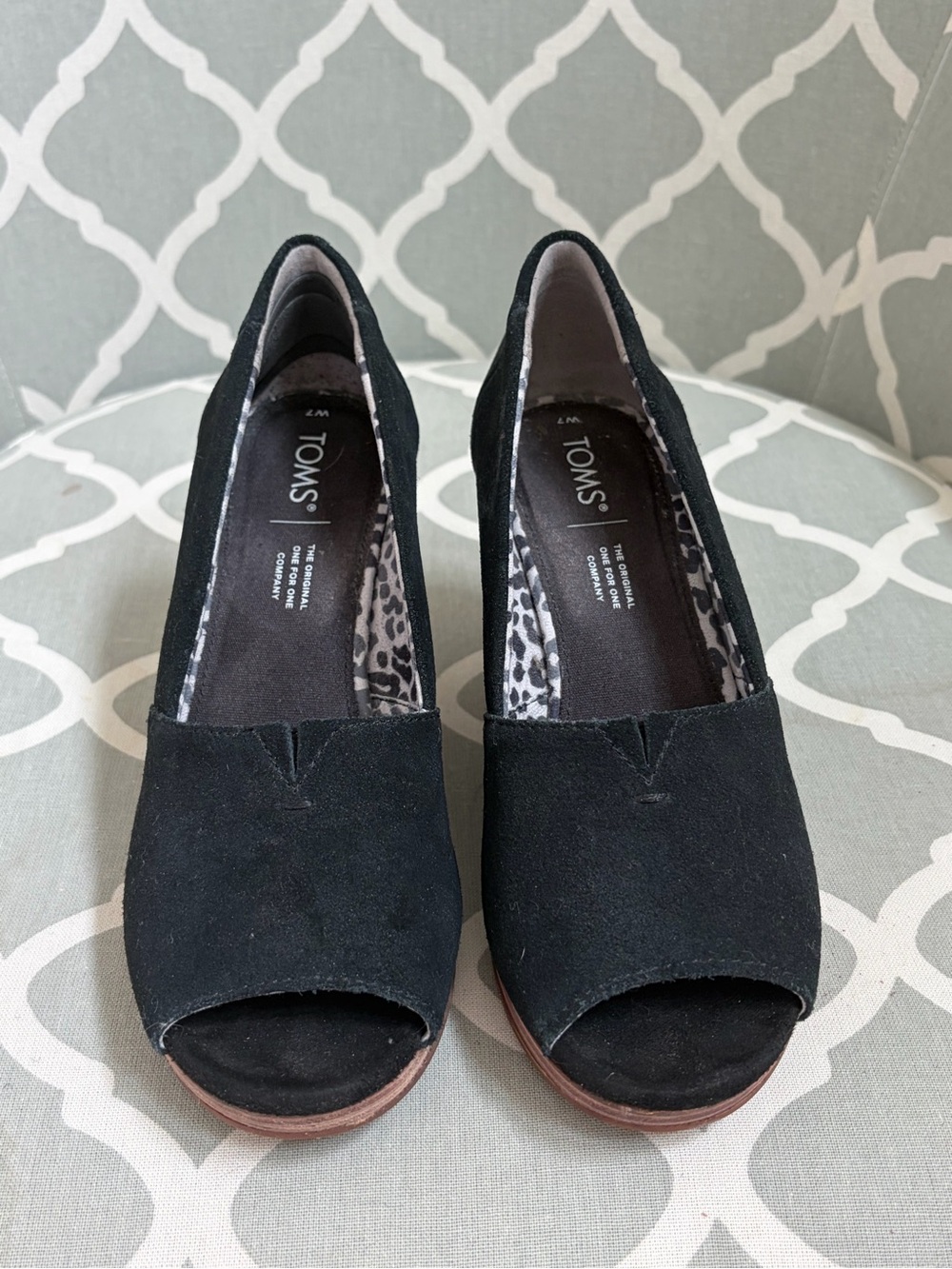 TOMS Black Suede Open-Toe Wedge Heels